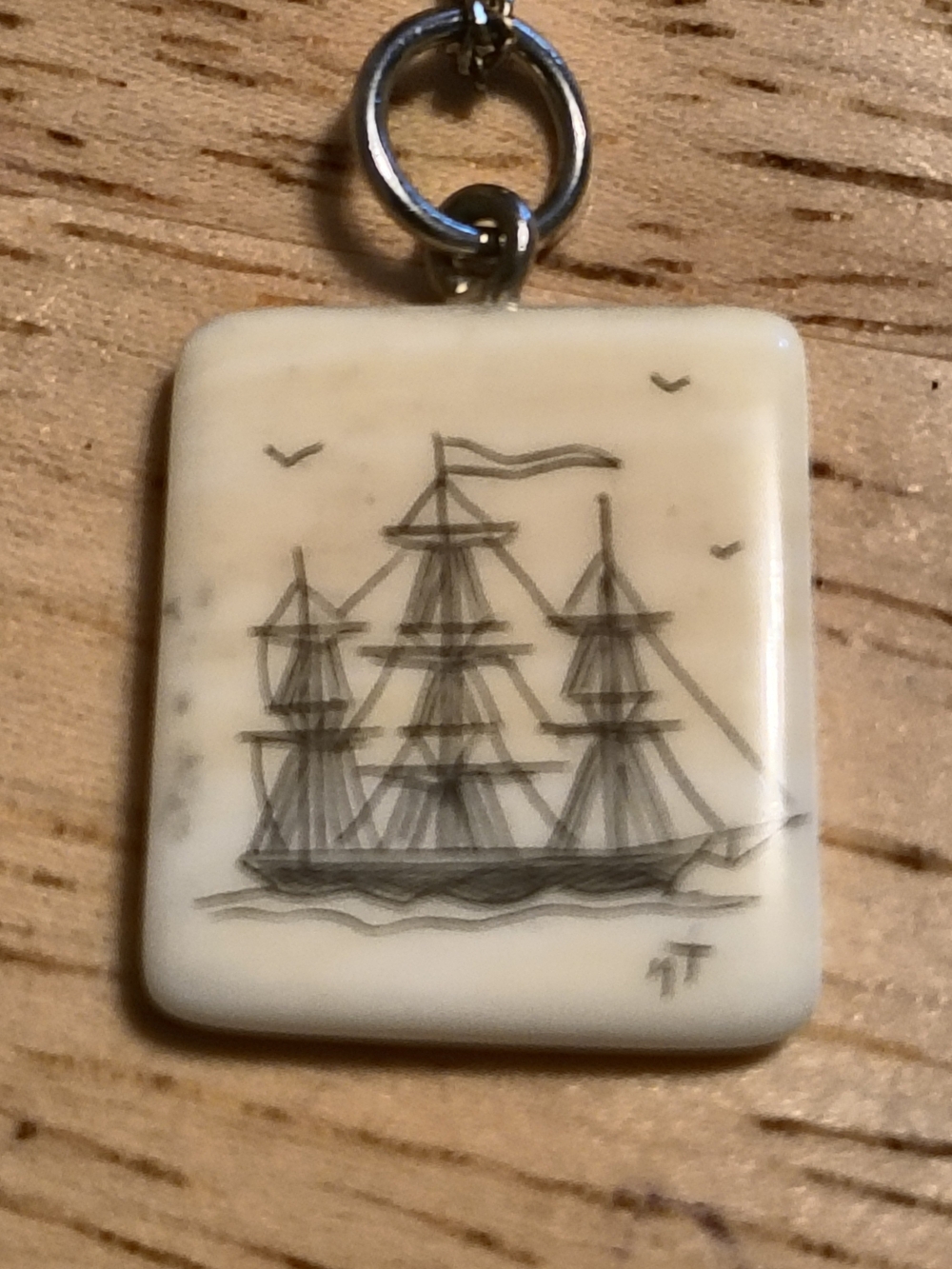 Vtg Norwegian 830 gold Over Silver Scrimshaw Necklace Sailing Ship Pendant 14 In